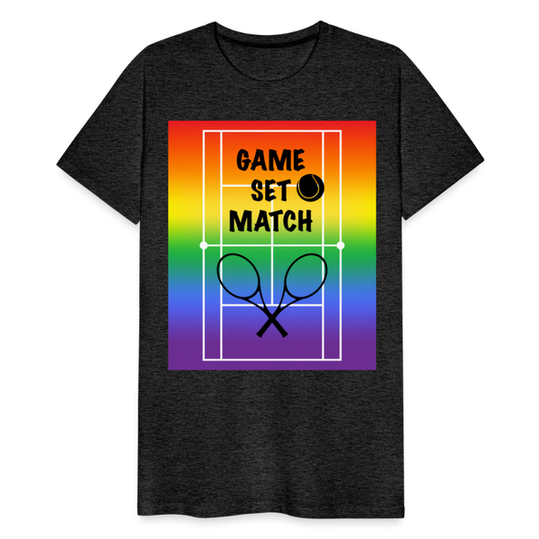 65 MCMLXV Men's Game, Set Match Rainbow Tennis Court Premium Graphic T-Shirt - charcoal grey