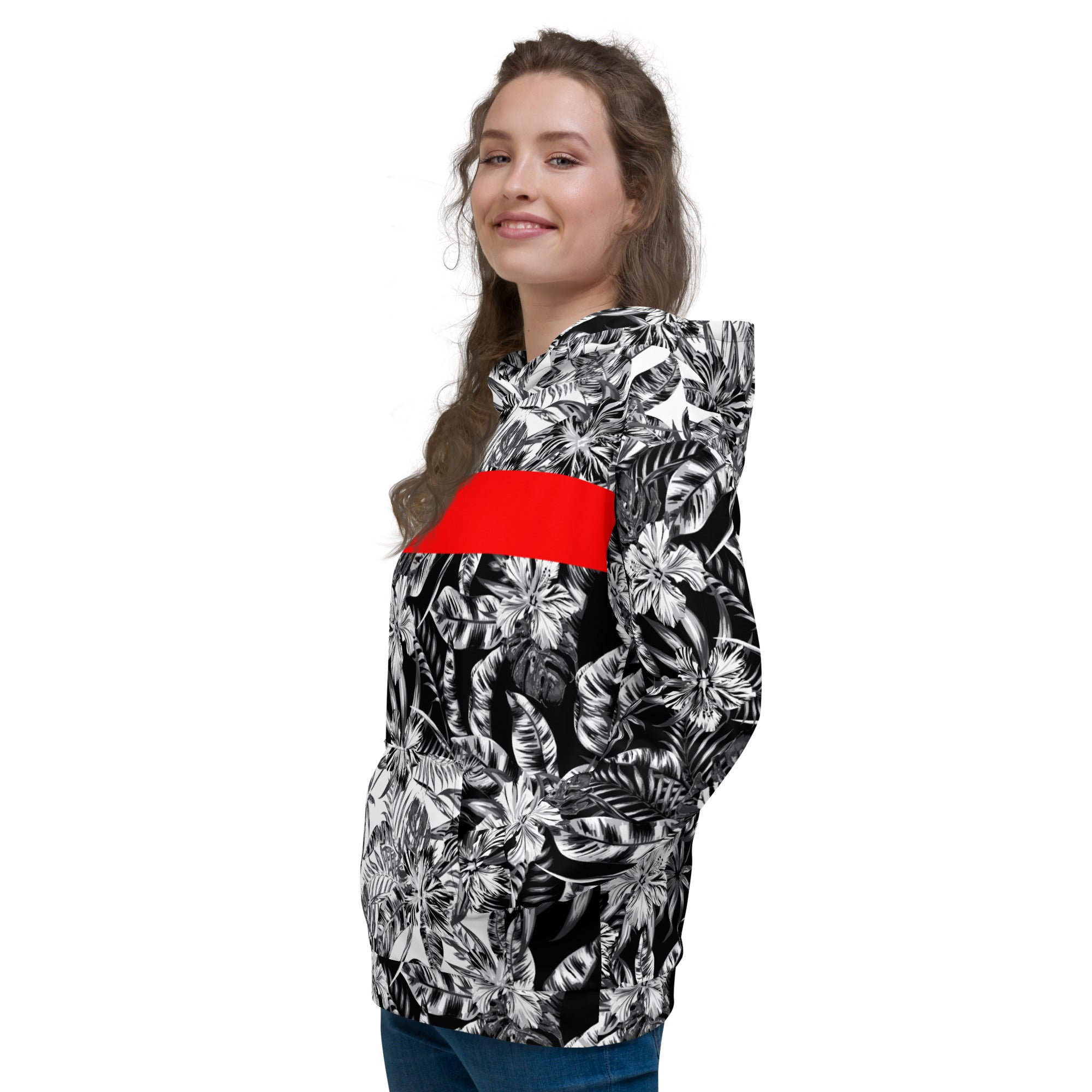 65 MCMLXV Unisex Black and White Positive/Negative Tropical Floral Print Fleece Sweatshirt Medium / Black