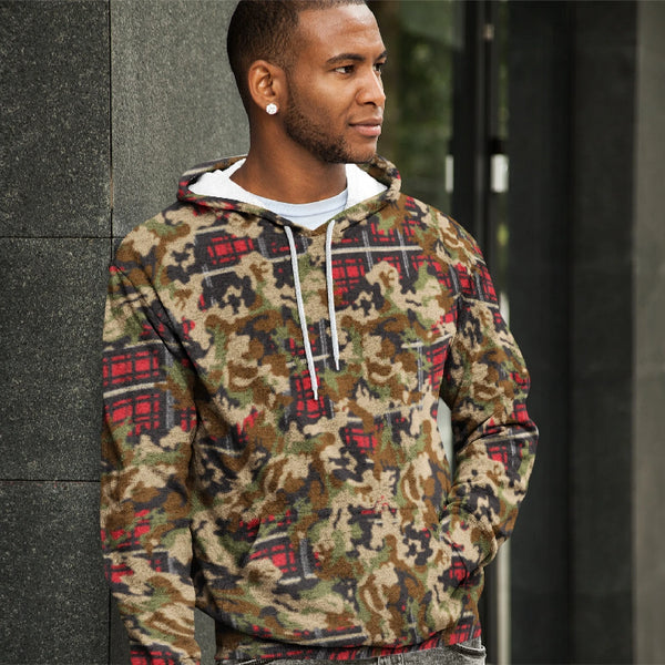 65 MCMLXV Men's Woodland Camouflage & Red Plaid Print Fleece Hoodie-Hoody-65mcmlxv