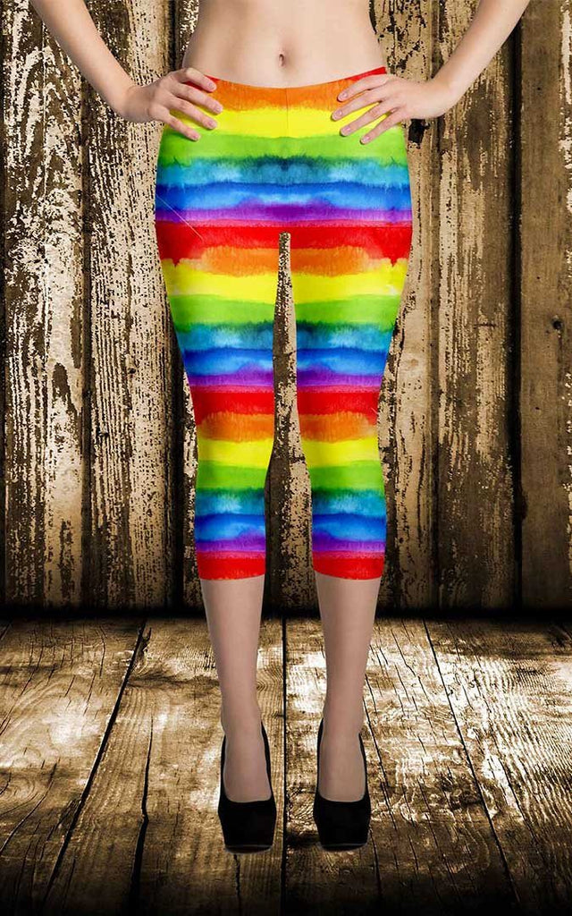 65 MCMLXV Women's LGBT Pride Watercolor Rainbow Print Capri Leggings