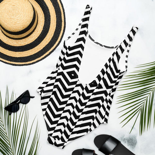 65 MCMLXV Women's Black and White Chevron Wave Print One-Piece Swimsuit-One-Piece Swimsuit - AOP-65mcmlxv