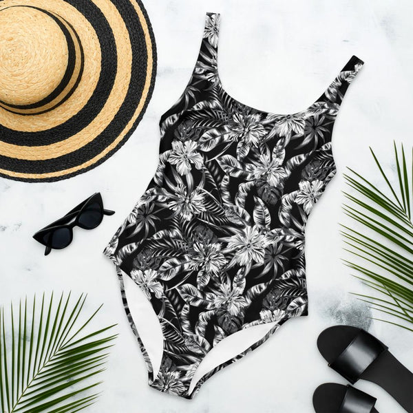 65 MCMLXV Women's Black and White Tropical Print One-Piece Swimsuit-One-Piece Swimsuit - AOP-65mcmlxv