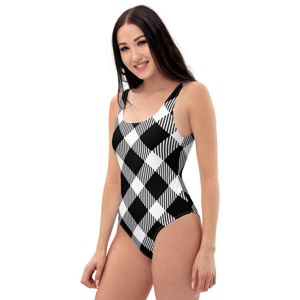 65 MCMLXV Women's Oversized Black and White Diagonal Buffalo Plaid Print One-Piece Swimsuit-One-Piece Swimsuit - AOP-65mcmlxv