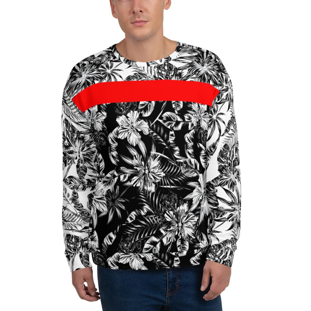 65 MCMLXV Unisex Black and White Positive/Negative Tropical Floral Print Fleece Sweatshirt Medium / Black