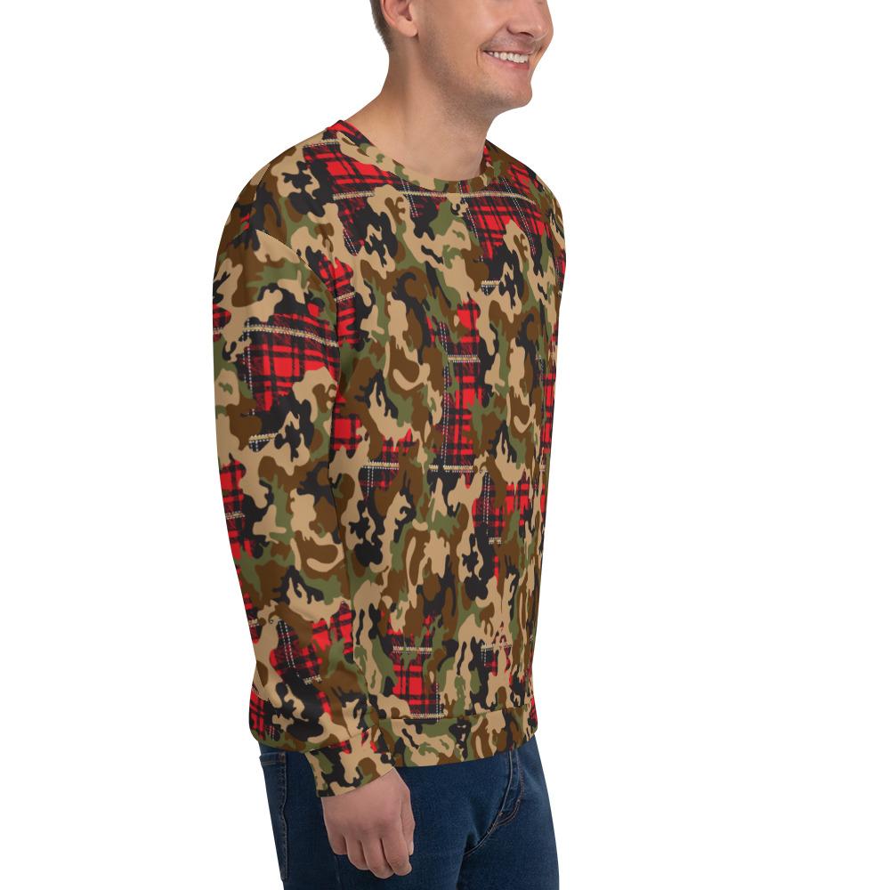 65 MCMLXV Unisex Woodland Camouflage & Red Plaid Print Fleece Sweatshi