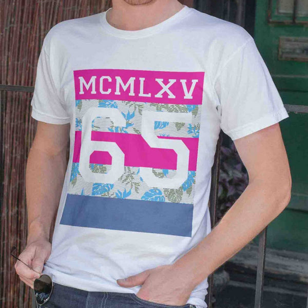 65 MCMLXV Men's Tropical Neon Stripe Varsity Logo Graphic T-Shirt-Tee Shirt-65mcmlxv